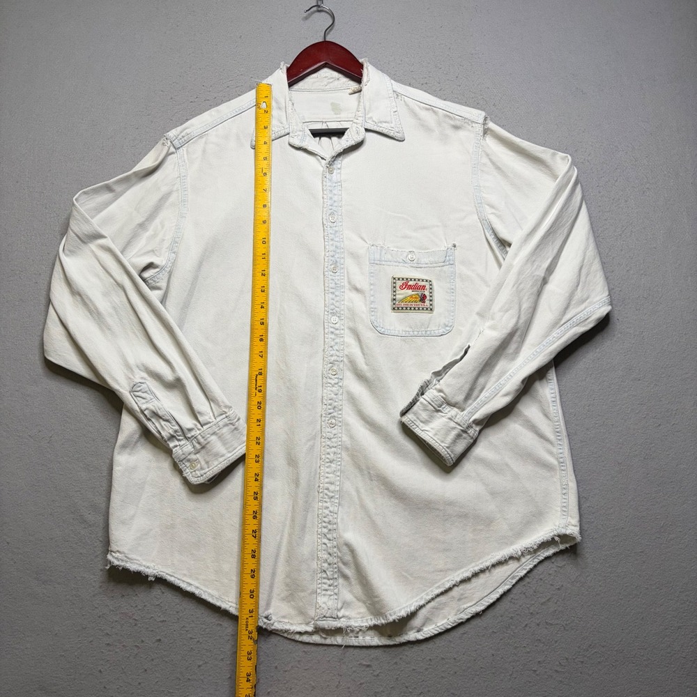 Indian Motocycle Denim Shirt Mens XL White Vintage 80s Distressed Biker Cotton - Picture 8 of 16